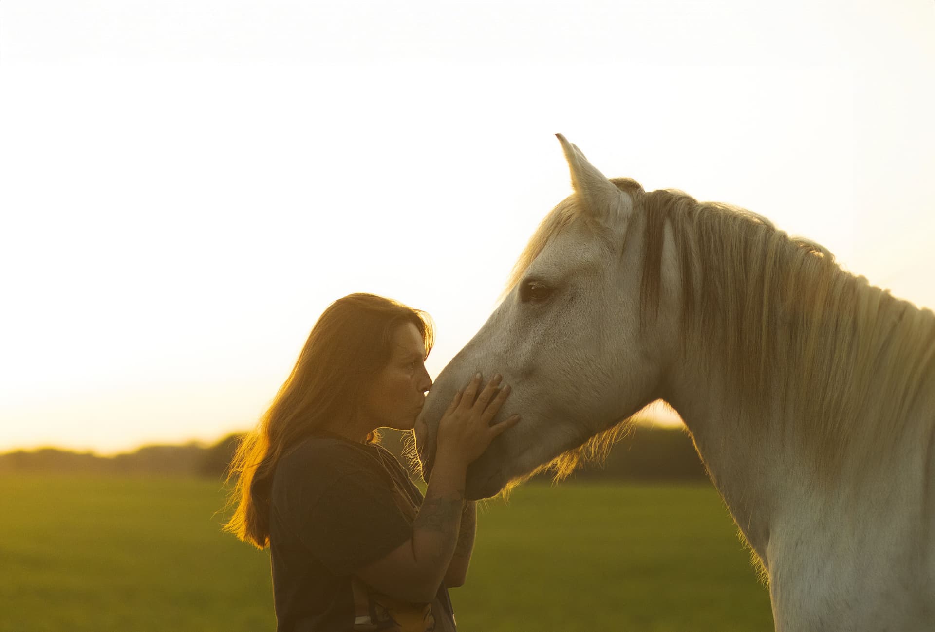 Océane et Ghost, bisou sur le nez, fond coucher de soleil